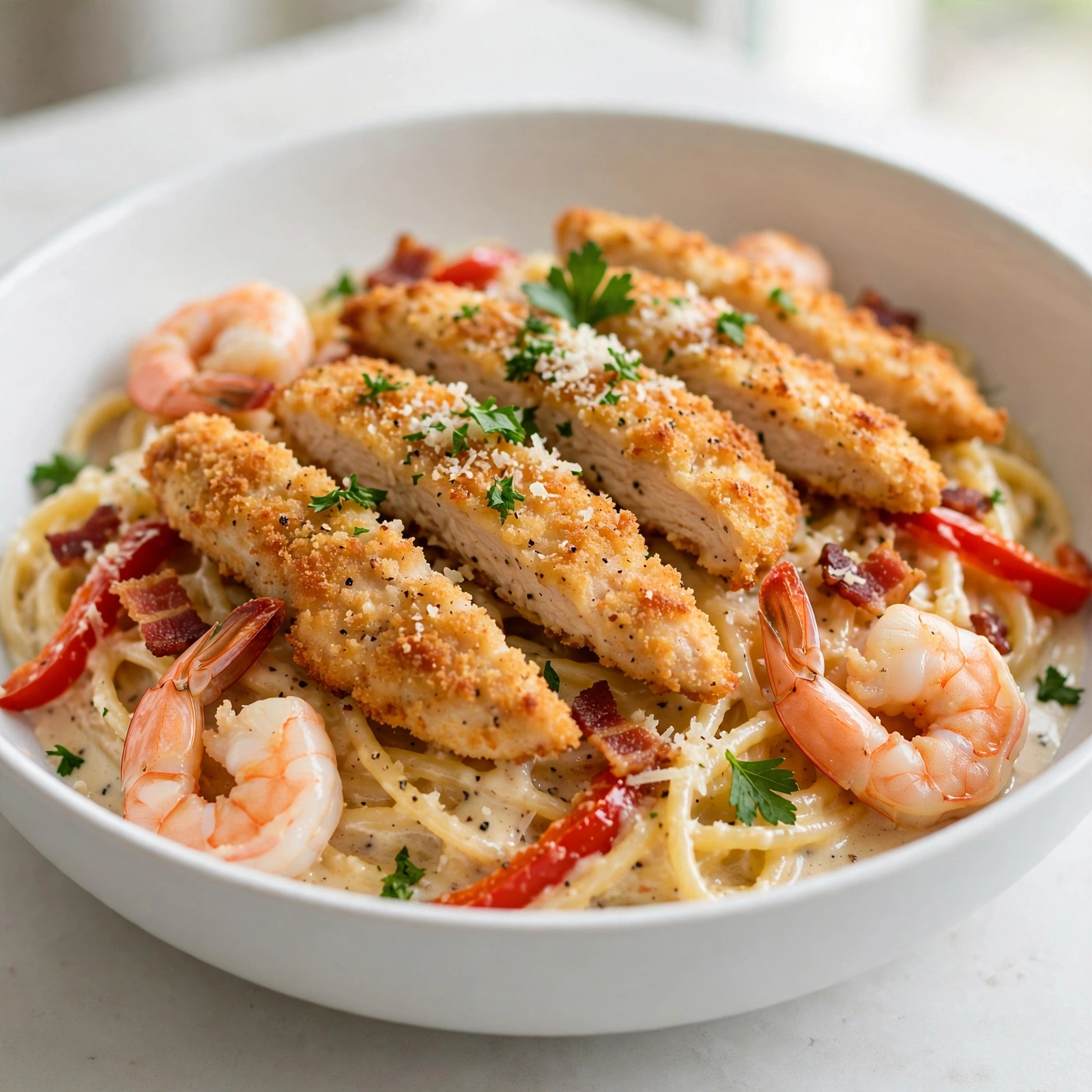 Copycat Olive Garden Chicken and Shrimp Carbonara