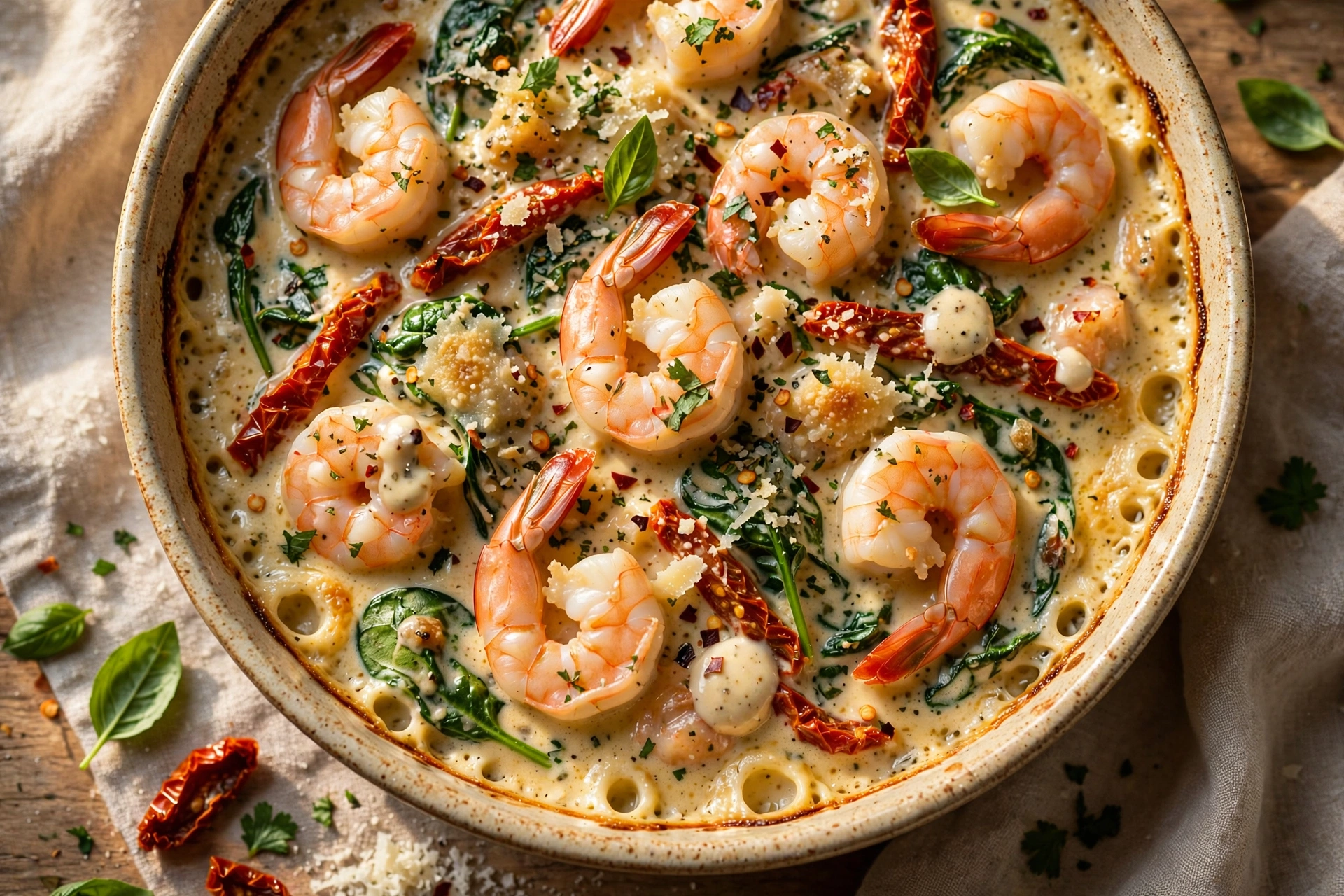 Creamy Tuscan Shrimp Bake