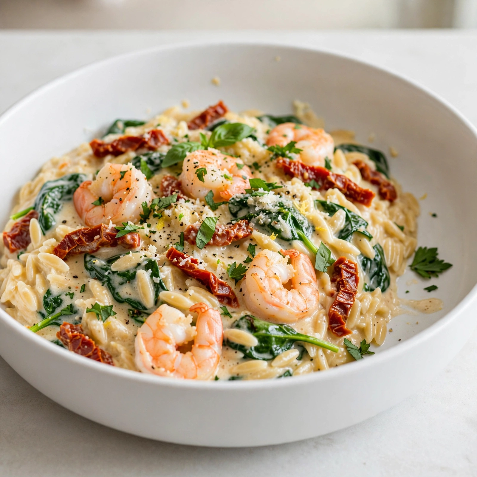 Creamy Tuscan Shrimp Orzo with Spinach and Sun-Dried Tomatoes